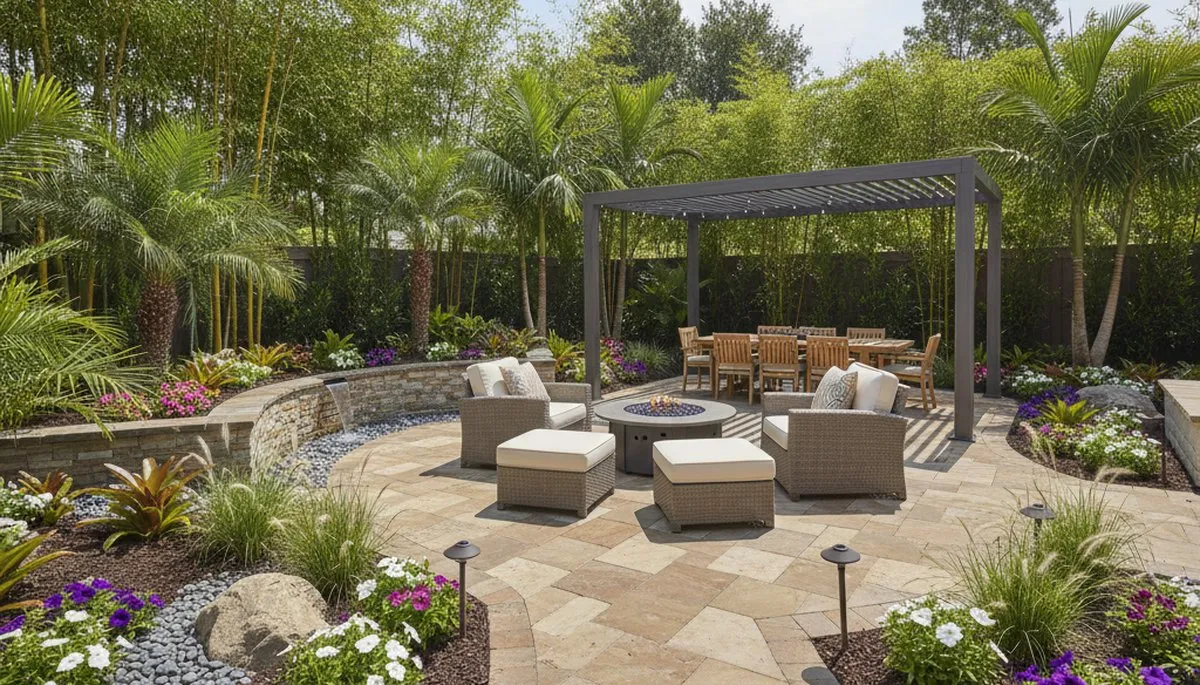 Backyard patio landscaping with lighting and tropical plants in Boca Raton, FL by Chop Chop Landscaping