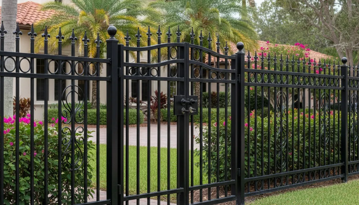 Black ornamental metal fence installation by Chop Chop Landscaping in Boca Raton, FL