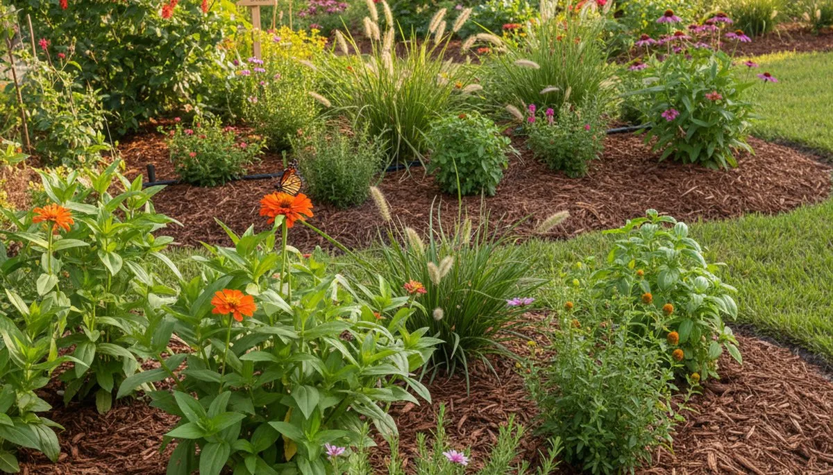 Organic landscape beds with natural mulch and lush plants in Boca Raton, FL by Chop Chop Landscaping