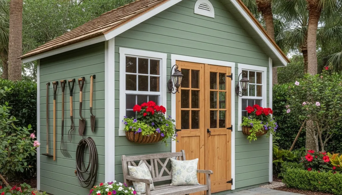 Decorative garden shed with custom landscaping in Boca Raton, FL by Chop Chop Landscaping