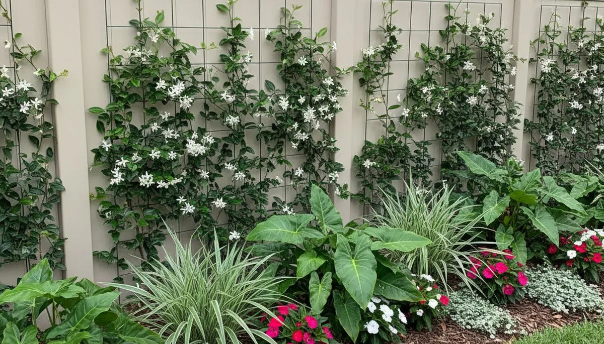 Modern fence with climbing plants and landscape beds in Boca Raton, FL by Chop Chop Landscaping
