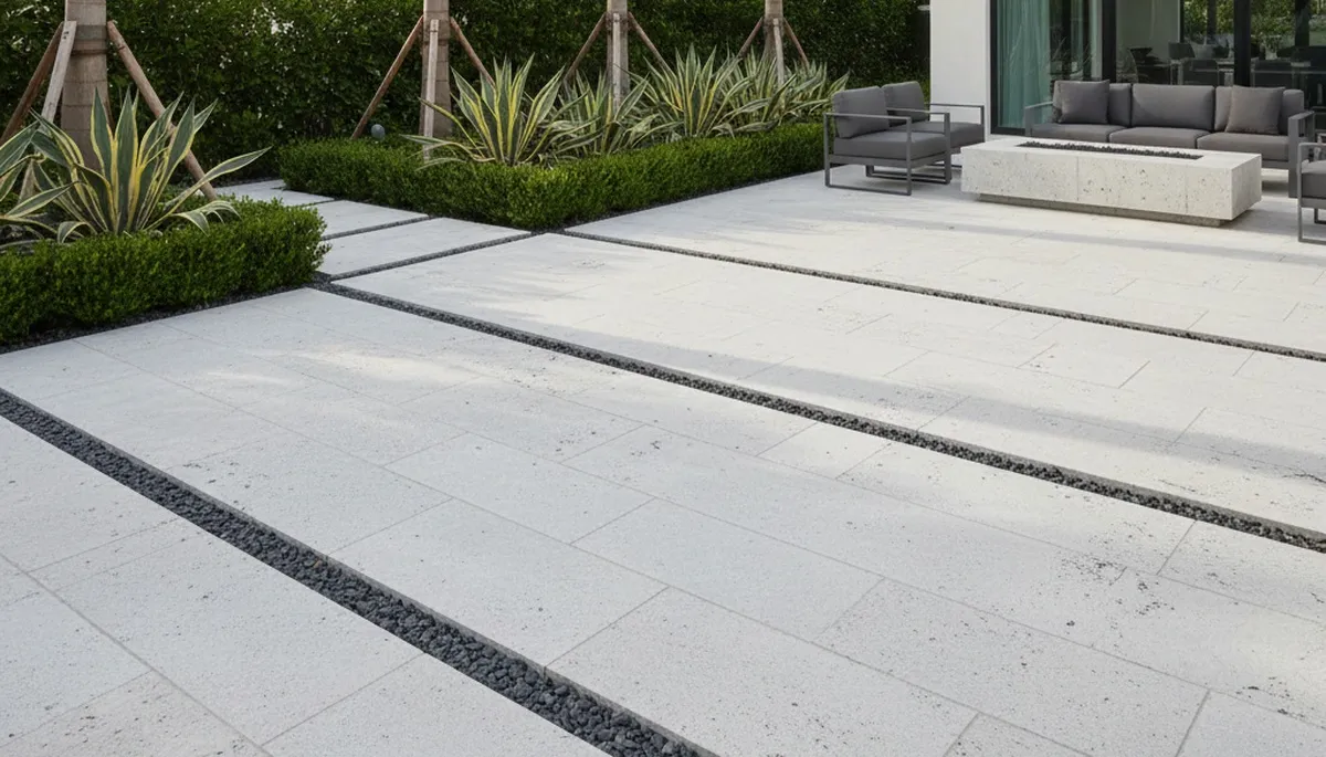 Modern large format stone paver patio installation by Chop Chop Landscaping in Boca Raton, FL