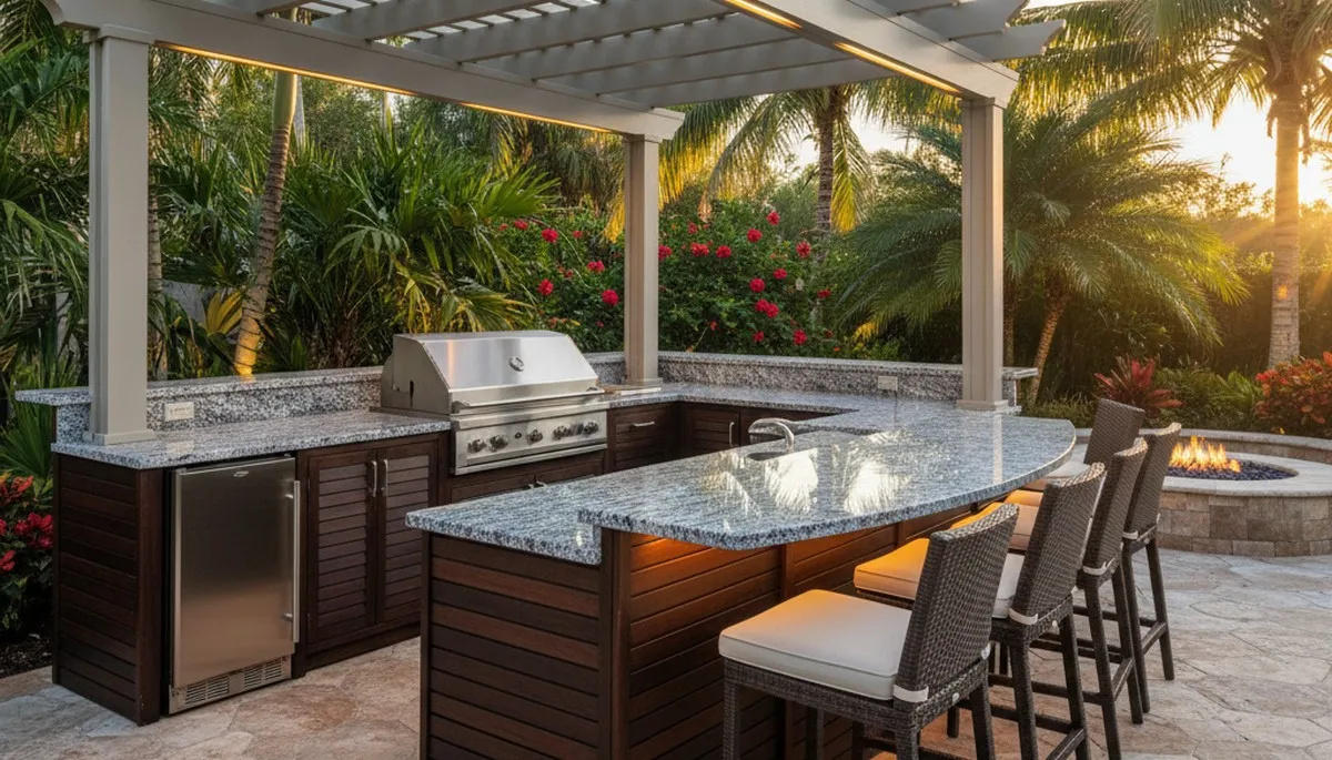 Luxury outdoor kitchen with pergola, granite bar, and lighting by Boca Raton FL landscaping experts