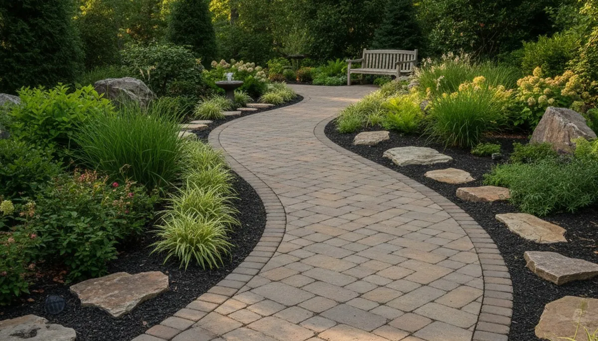 Curved stone paver pathway in Boca Raton FL residential landscape by Chop Chop Landscaping