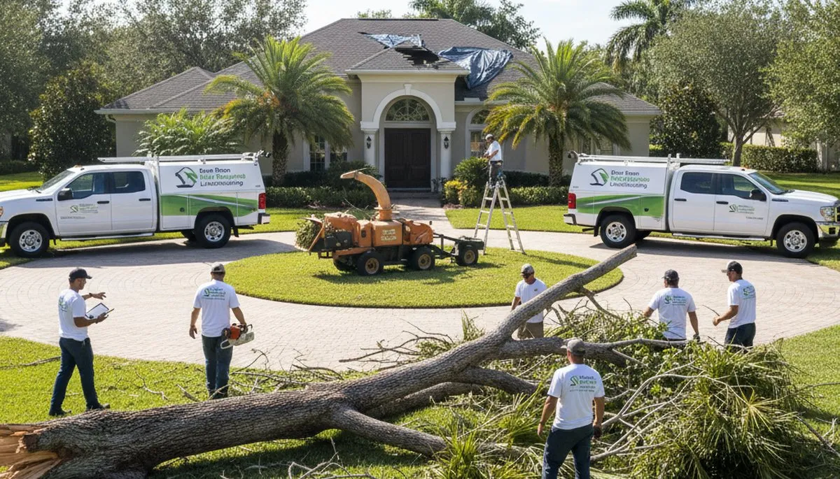 Storm debris cleanup crew restoring residential yard in Boca Raton FL after storm damage