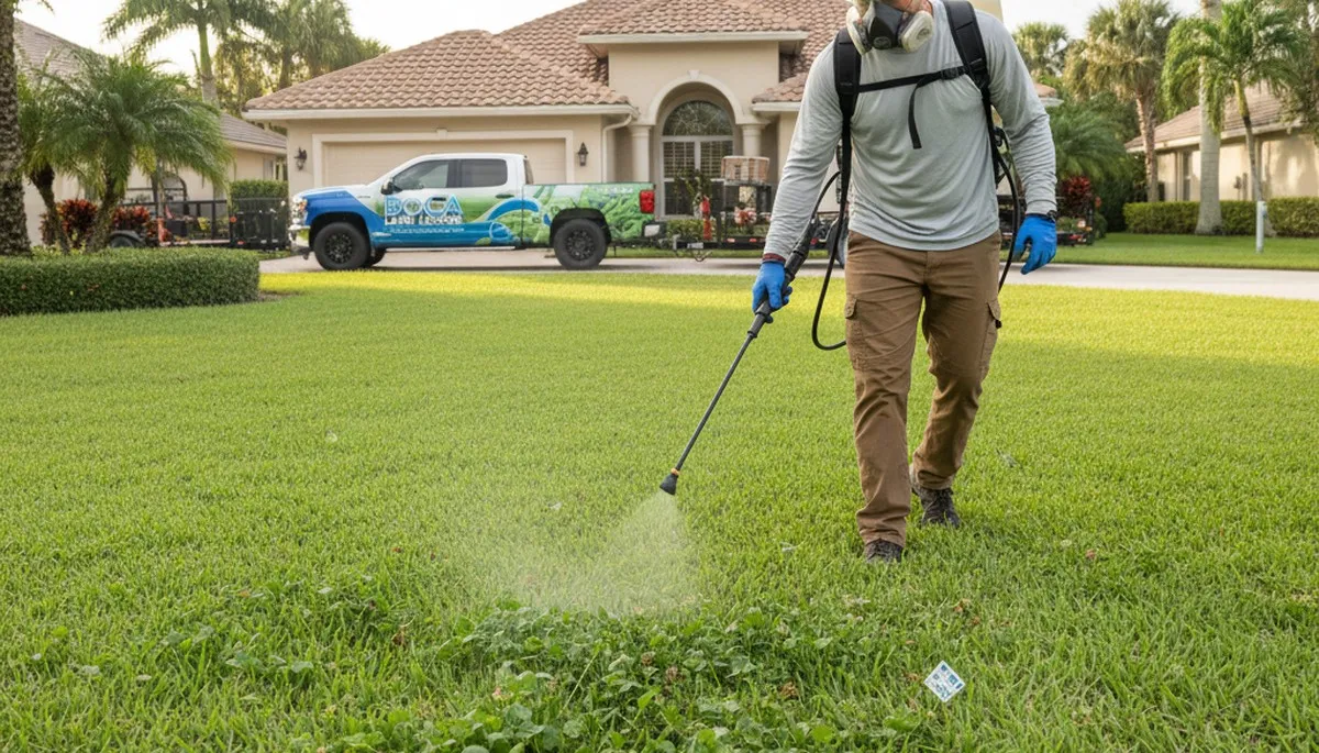 Lawn care professional applying weed control treatment in Boca Raton, FL with safe spraying equipment